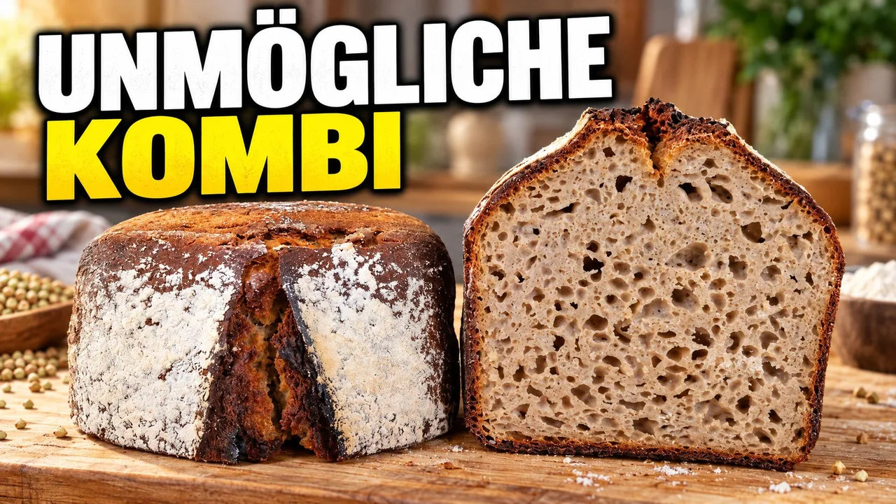 Angeschnittenes Dinkel-Buchweizen-Brot mit dunkler Kruste und grossporiger Krume auf einem Holzbrett