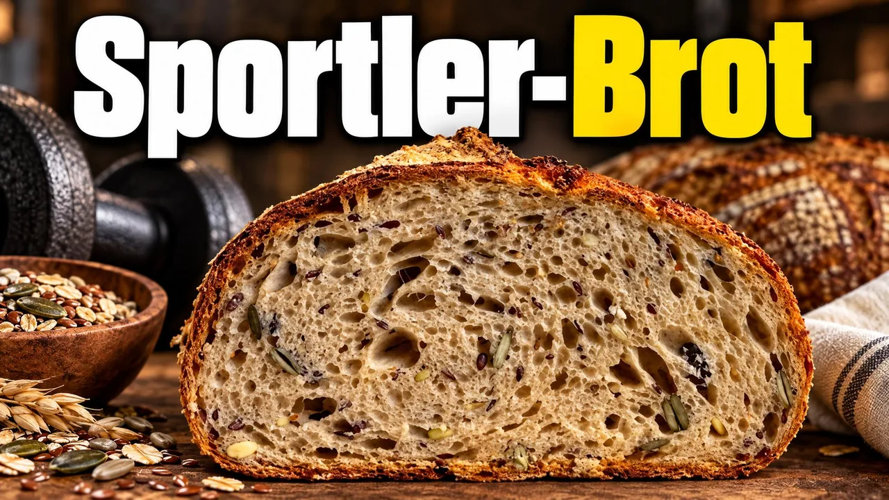 Angeschnittenes Proteinbrot mit Saaten in der Krume, daneben Hanteln und Saatenschüssel